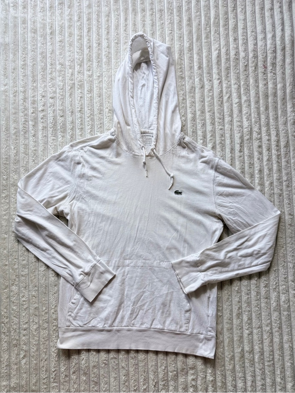 Lacoste Cotton Pullover Hoodie White Men's Size L Hooded Pockets Logo